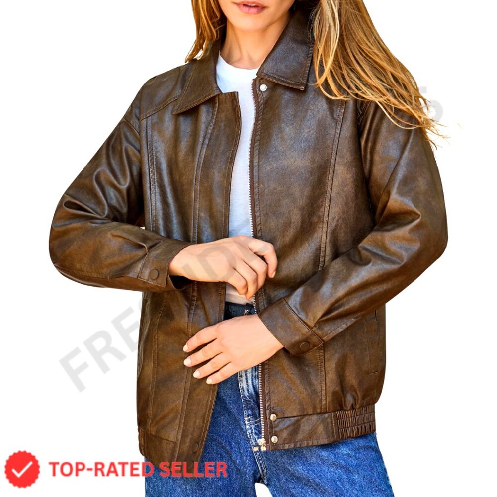 Plus Size Oversized Faux Leather Bomber Jacket, Street Style Zip Up